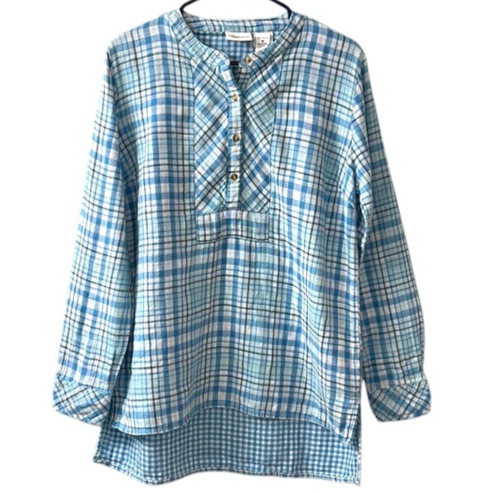 The Vermont Country Store Blue Plaid Gingham Popover Top